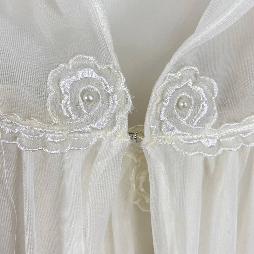 Vintage Sheer Peignoir Set Womens Medium Ivory Nightgown‎ Robe Lace Pearl 60s